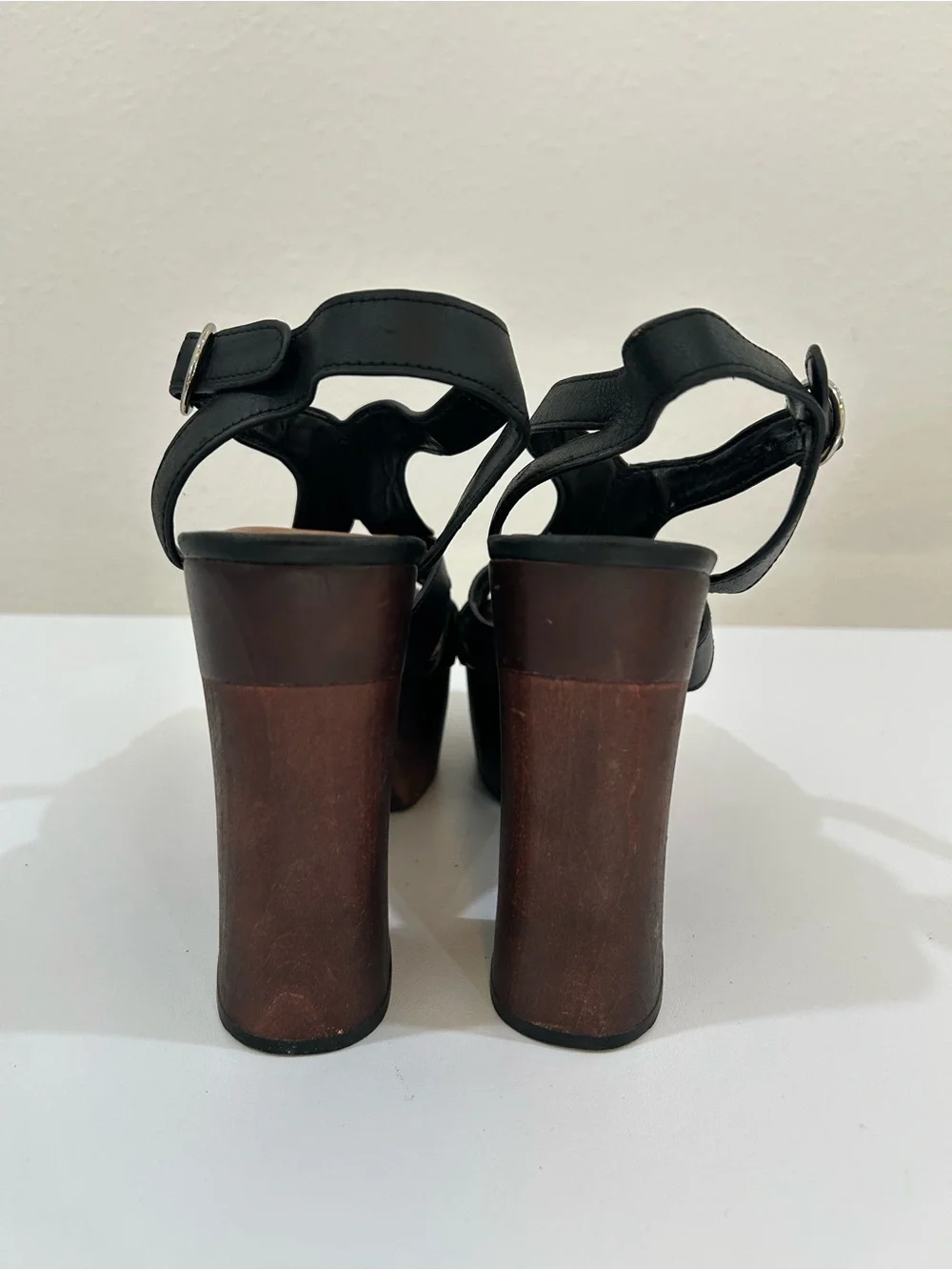 Zara Woman Black Leather Platform Sandals with Wood Block Heel, Sz EU 37, US 6.5